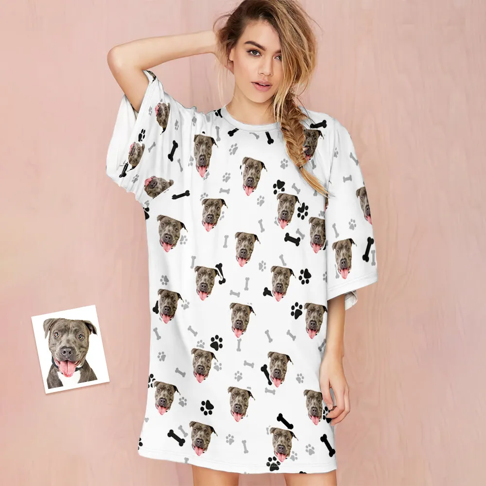 Custom Dog Face Nightdress Personalised Photo Women's Oversized Colorful Nightshirt Bone Gifts For Women