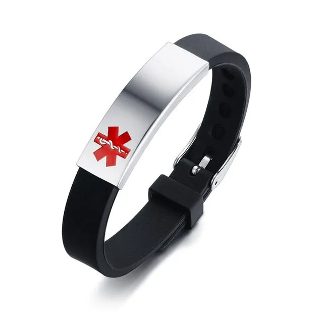 Custom Engrave Medical Alert ID Silicone and Stainless Steel Fashion Personalized Bracelet