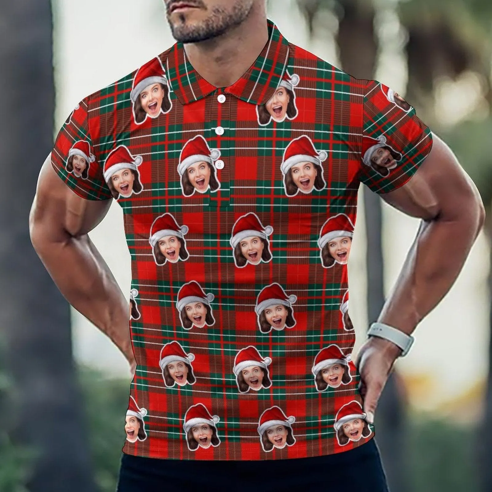 Custom Face Red Merry Christmas All Over Print Polo Shirt Personalized Men's Golf Shirt