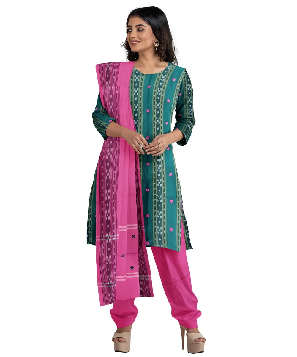 Cyan green pink handwoven cotton nuapatna dress material