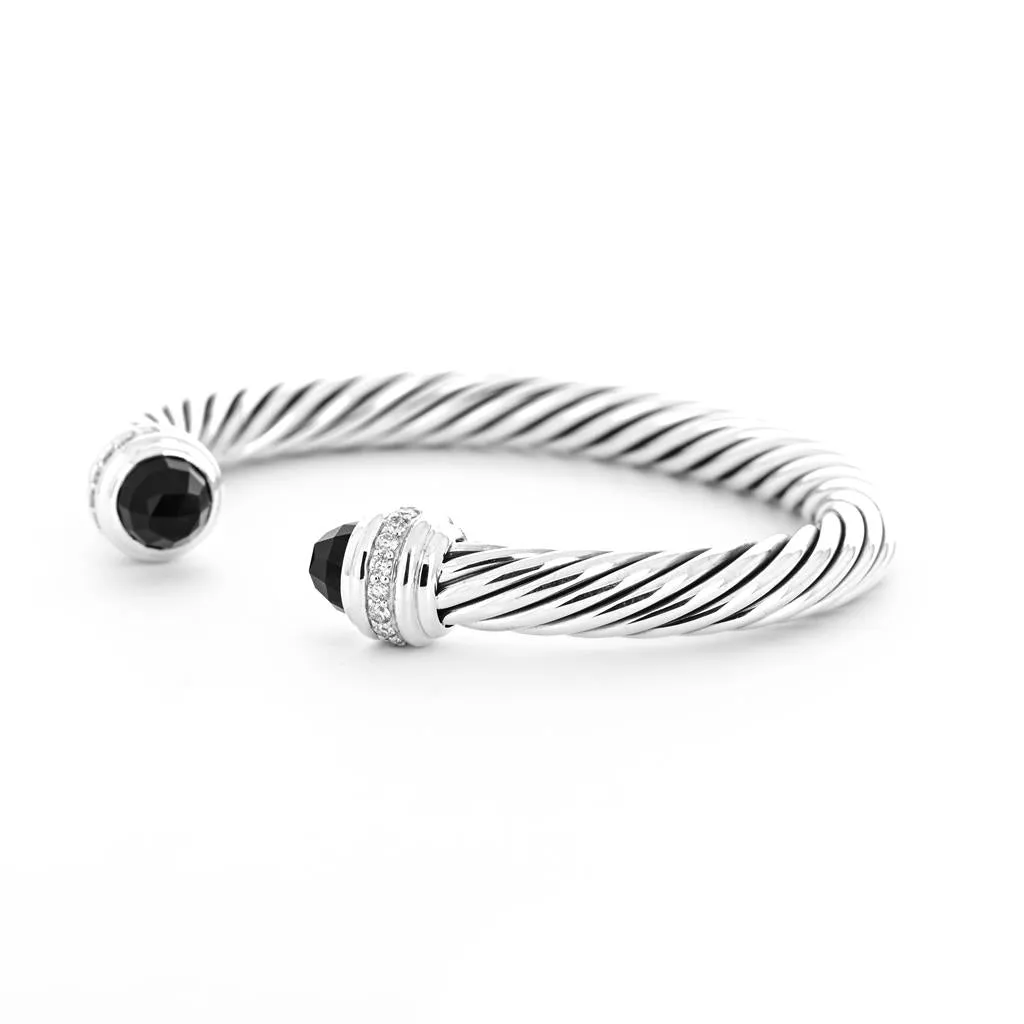 David Yurman 0.41ctw Classic Cable Diamond Cuff Bracelet, Black Onyx - 925 Sterling Silver