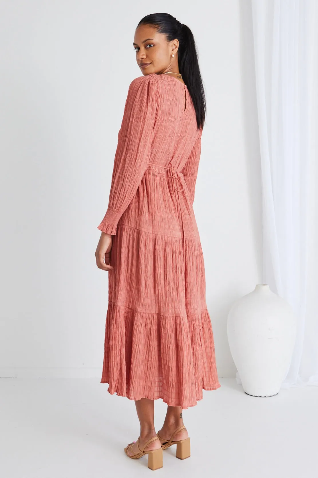 Effortless Clay LS Shirred Tiered Maxi Dress