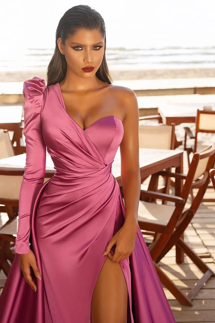 Elegant Burgundy One Shoulder Prom Dress with Sleeves and Side Split