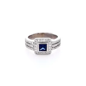 Estate 18k White Gold Square Sapphire and Diamond Three Row Shank Ring