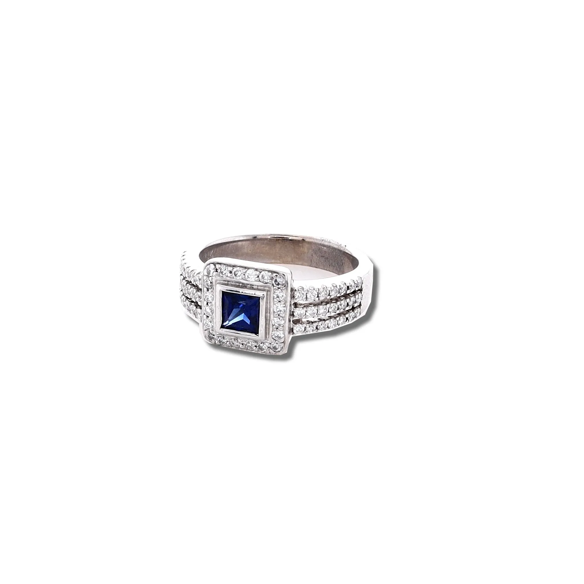 Estate 18k White Gold Square Sapphire and Diamond Three Row Shank Ring