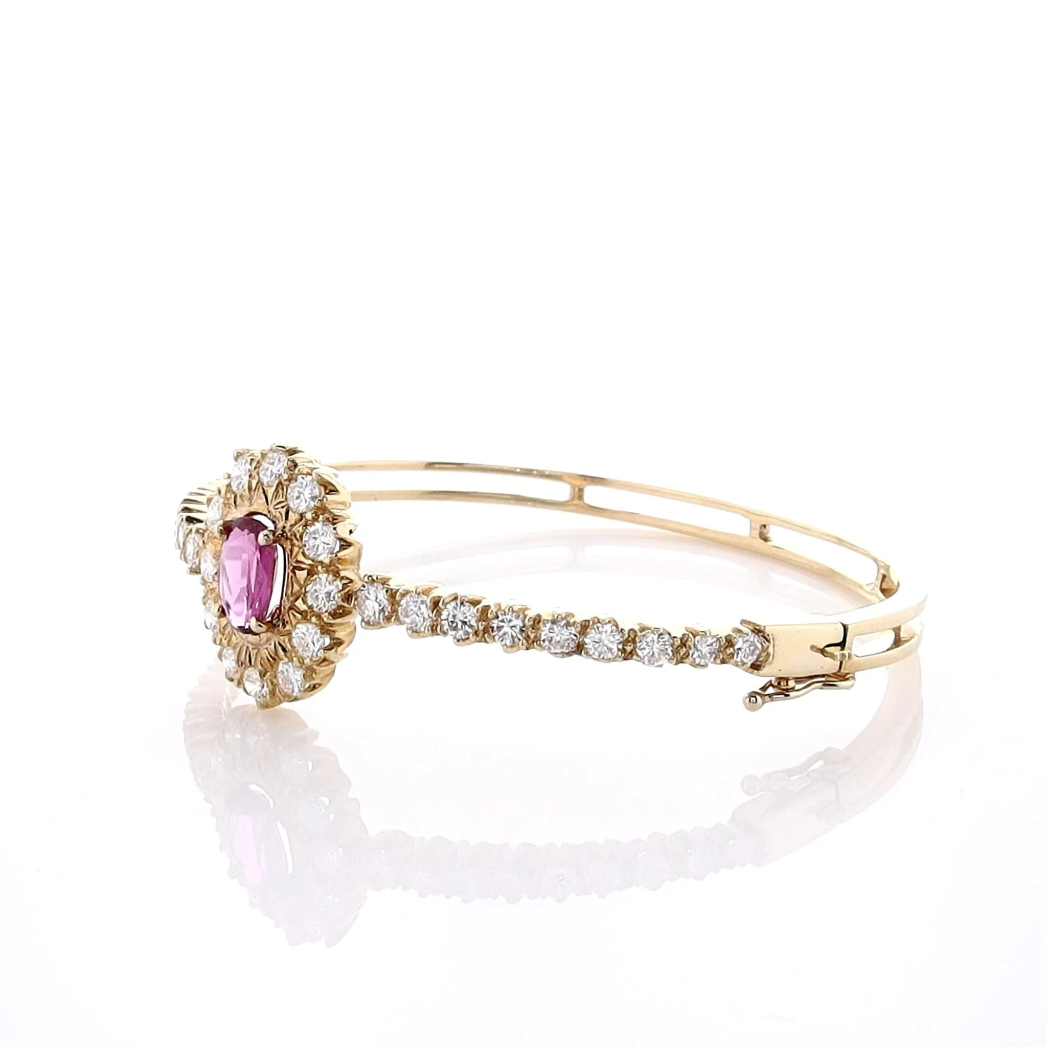 Estate 18k Yellow Gold Hinged Oval Pink/Purple Sapphire and Diamond Bangle Bracelet