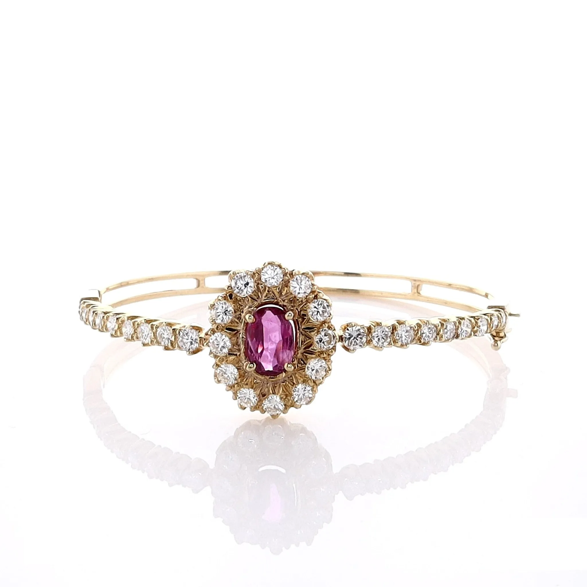 Estate 18k Yellow Gold Hinged Oval Pink/Purple Sapphire and Diamond Bangle Bracelet