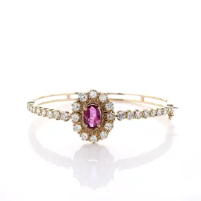 Estate 18k Yellow Gold Hinged Oval Pink/Purple Sapphire and Diamond Bangle Bracelet