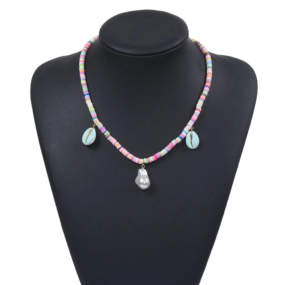 Flat Candy Color Bead Necklace with Puka Shell and Stone Pendants