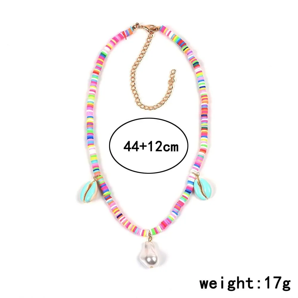 Flat Candy Color Bead Necklace with Puka Shell and Stone Pendants