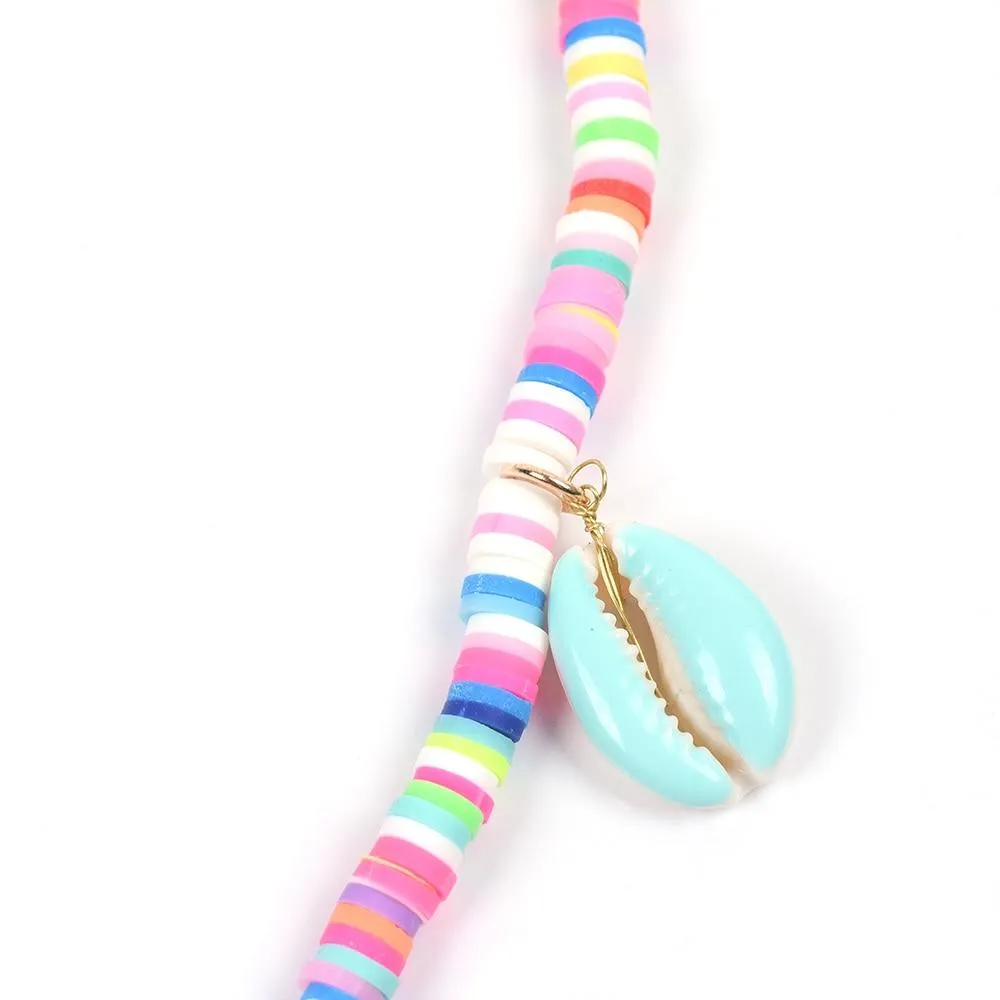 Flat Candy Color Bead Necklace with Puka Shell and Stone Pendants