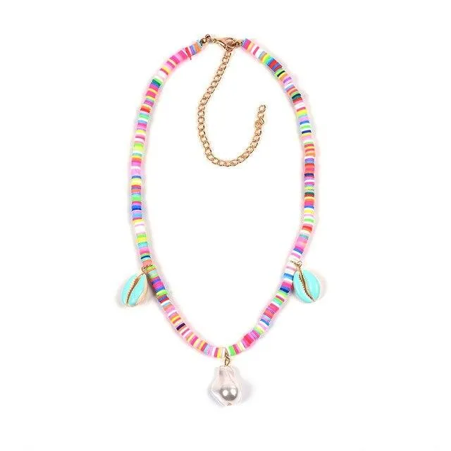 Flat Candy Color Bead Necklace with Puka Shell and Stone Pendants