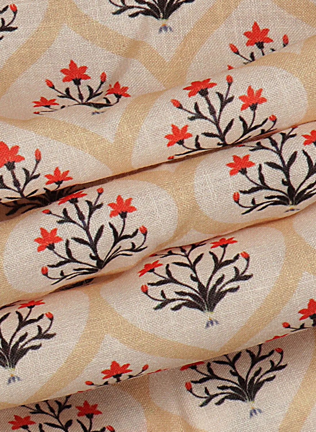 Floral printed Peach and Red Cotton Linen Blend Fabric