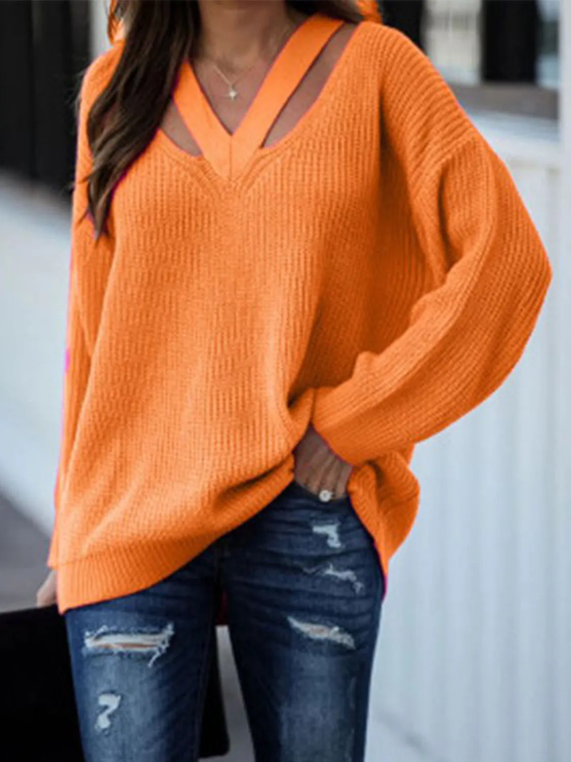 Full Size Cutout V-Neck Rib-Knit Sweater