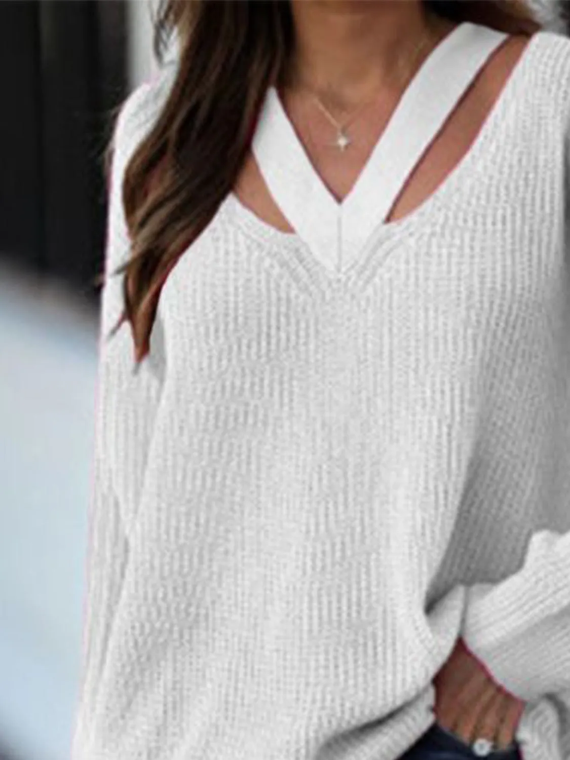 Full Size Cutout V-Neck Rib-Knit Sweater