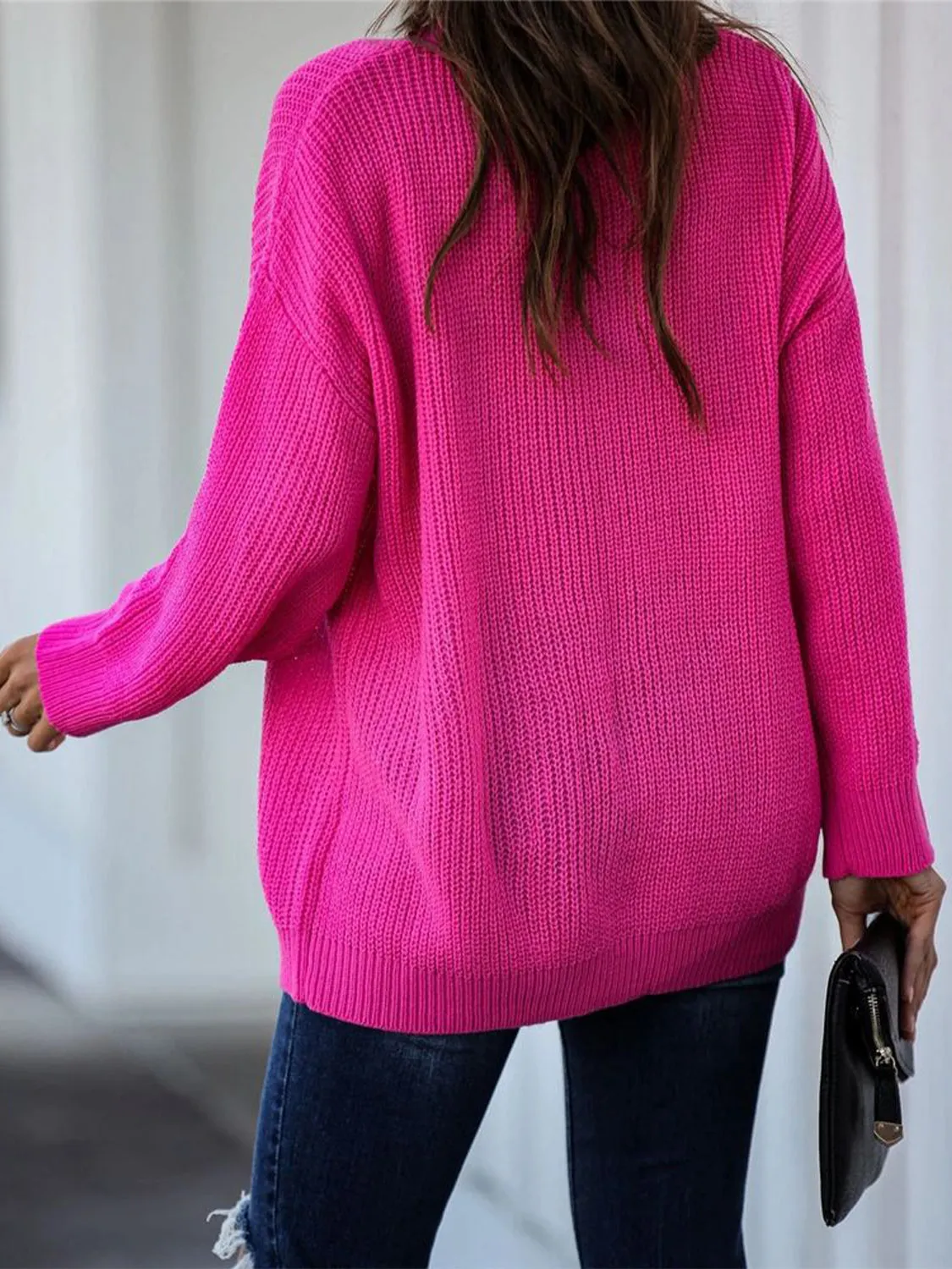 Full Size Cutout V-Neck Rib-Knit Sweater