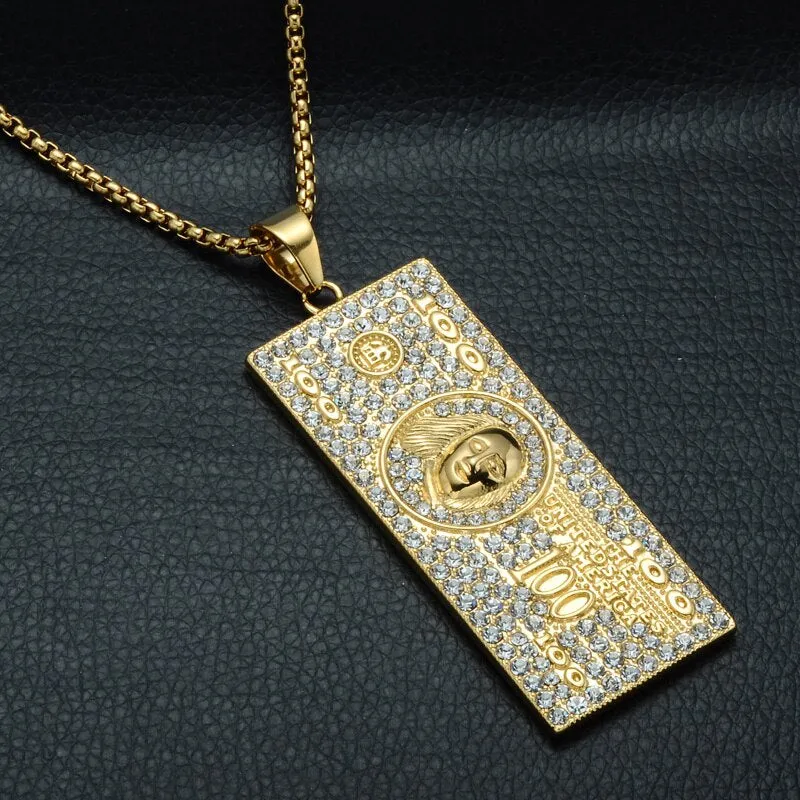 Gemstone-Studded 100 US Dollars Money Bling Stainless Steel Hip-hop Pendant Necklace