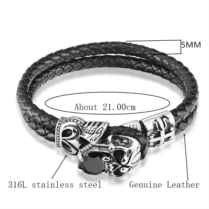 Genuine Leather Stainless Steel Skull and Zirconia Stone Bracelet