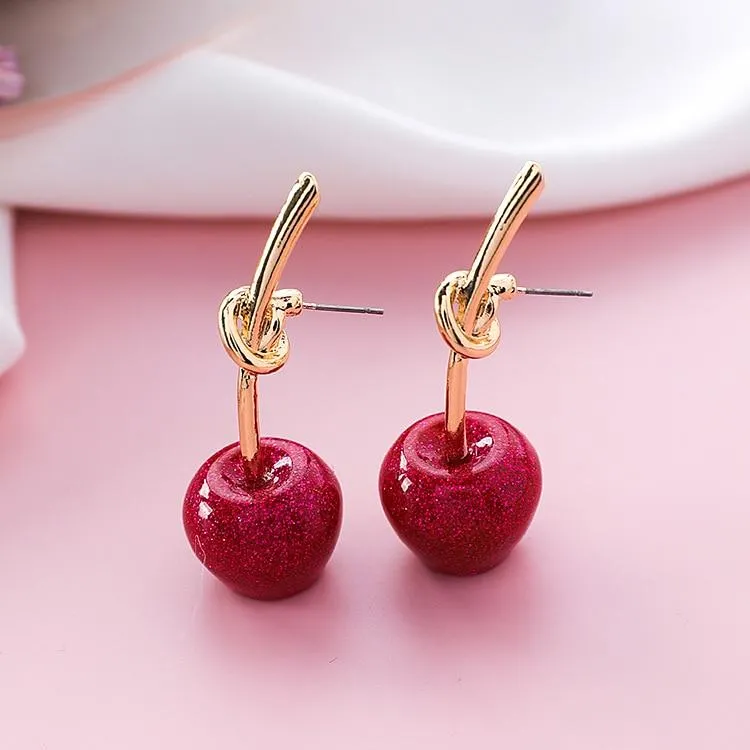 Gold & Red Round Dangle Cherry Earrings