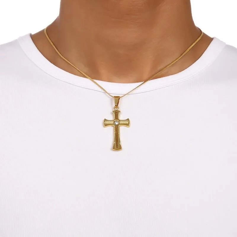 Gold Plated Rhinestone Catholic Cross Pendant Necklace