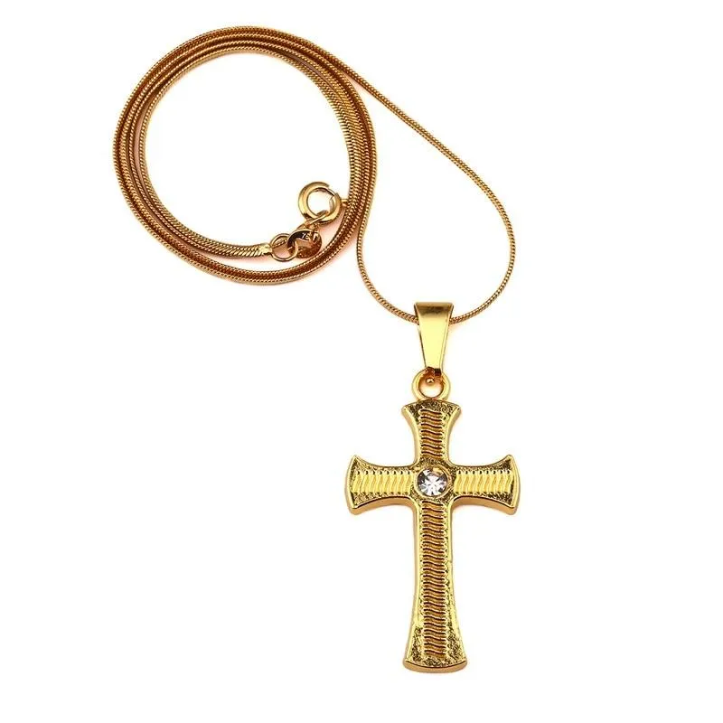 Gold Plated Rhinestone Catholic Cross Pendant Necklace