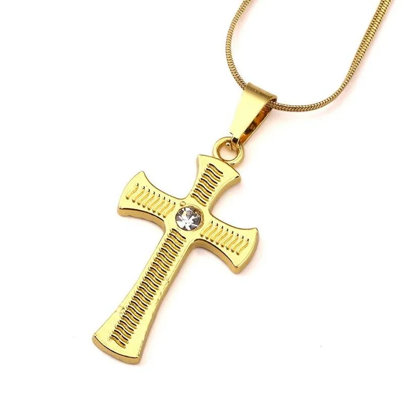 Gold Plated Rhinestone Catholic Cross Pendant Necklace