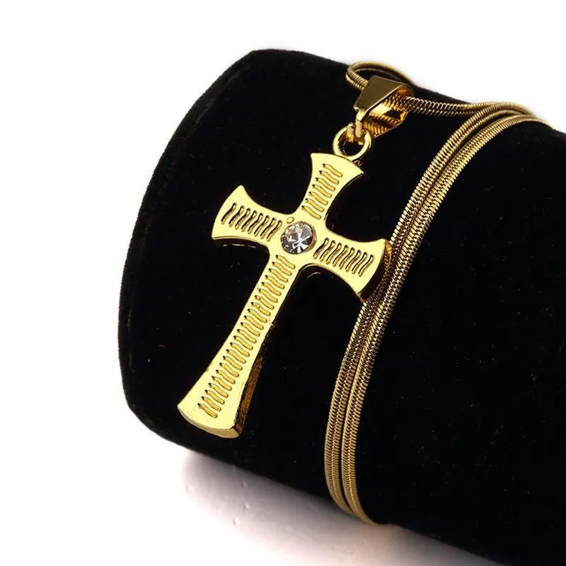 Gold Plated Rhinestone Catholic Cross Pendant Necklace