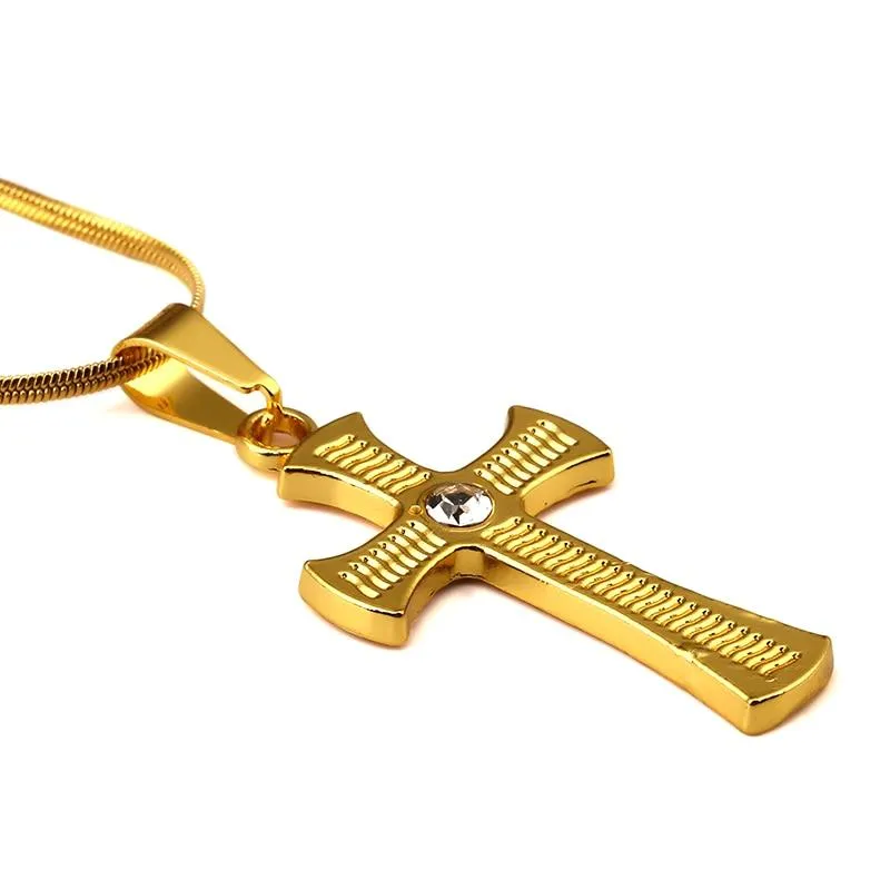 Gold Plated Rhinestone Catholic Cross Pendant Necklace