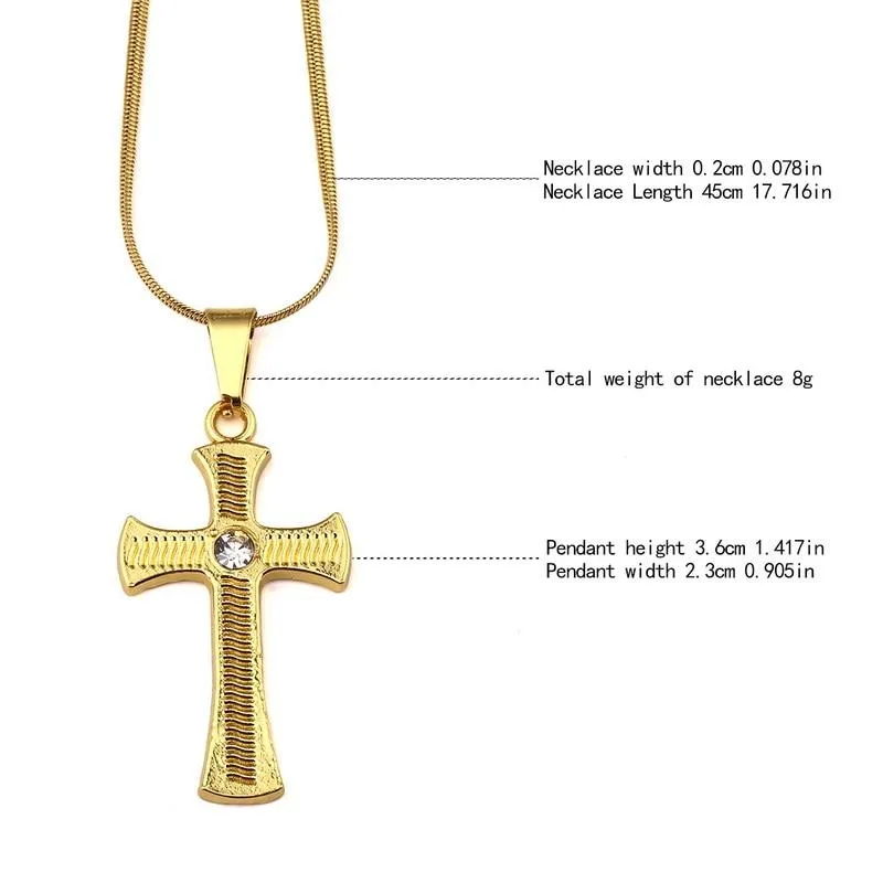 Gold Plated Rhinestone Catholic Cross Pendant Necklace