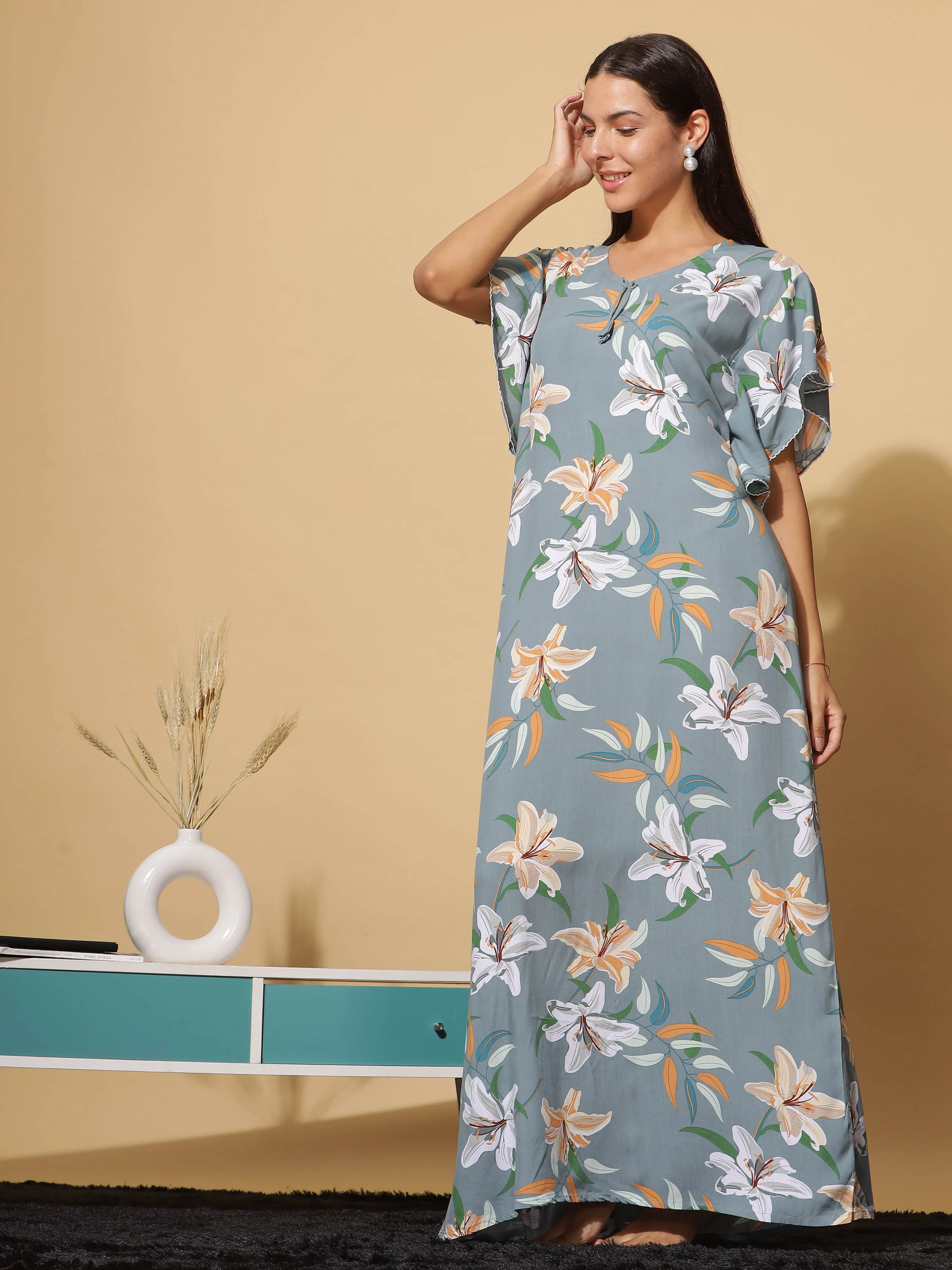 Green Grey Rayon Designer Maxi Nighty