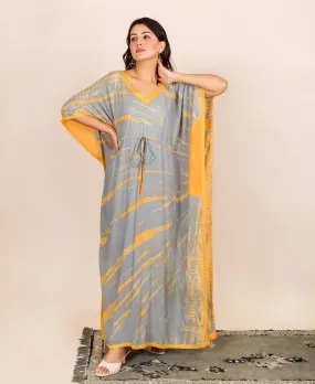 Grey and Yellow Tie and Dye Kaftan With Adjustable Waist Line