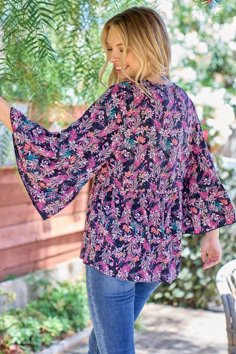 Hailey & CO Navy & Fuchsia Floral Babydoll Bell Sleeve Top