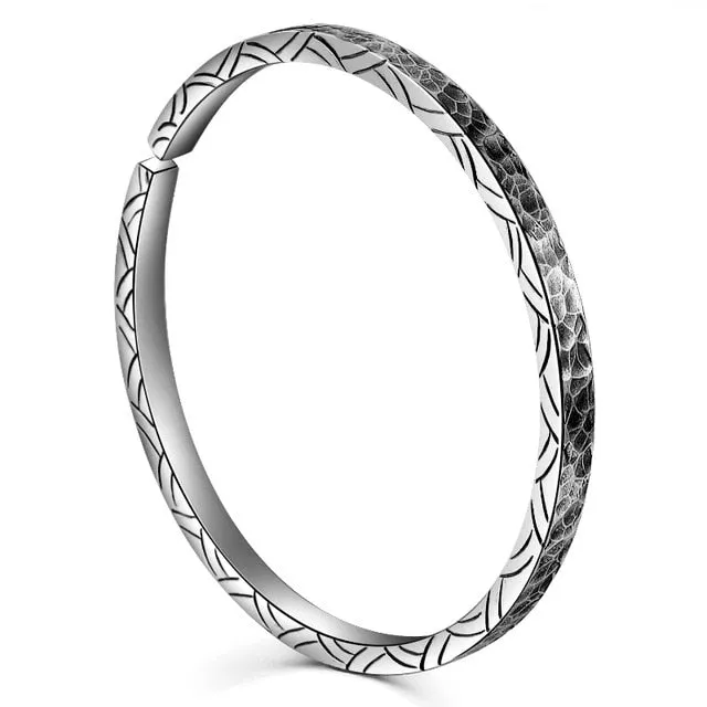 Hammer Pattern and Engraving 925 Sterling Silver Retro Biker Rock Bracelet