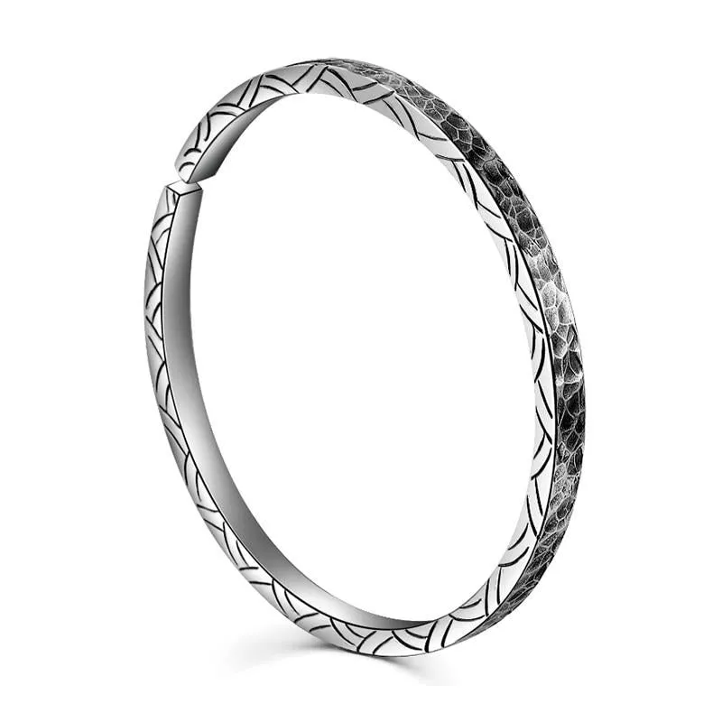 Hammer Pattern and Engraving 925 Sterling Silver Retro Biker Rock Bracelet