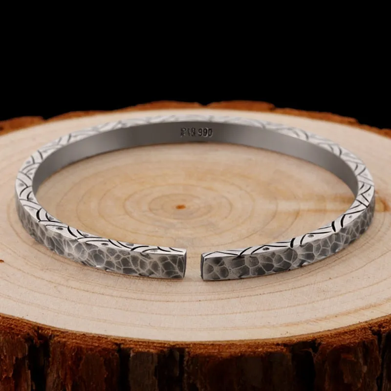 Hammer Pattern and Engraving 925 Sterling Silver Retro Biker Rock Bracelet