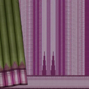 Handwoven Green with Purple Kanchipuram Silk Cotton Saree - 2186T010884DSC