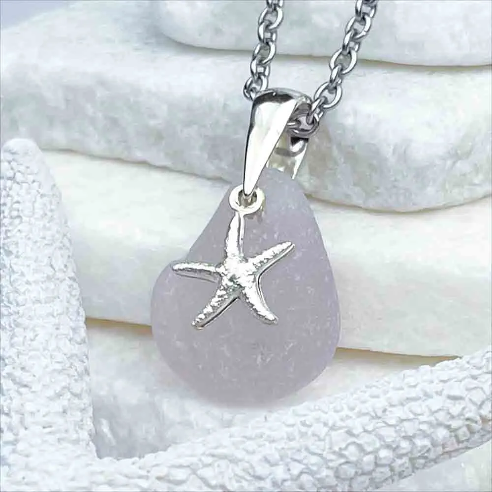 Hint of Sun Purple Sea Glass Pendant with Sterling Silver Starfish Charm | #1717