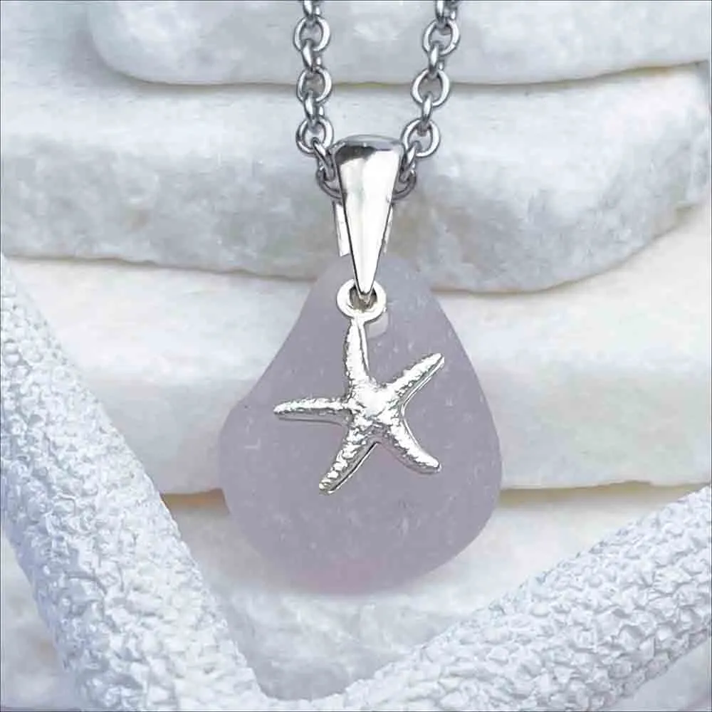 Hint of Sun Purple Sea Glass Pendant with Sterling Silver Starfish Charm | #1717