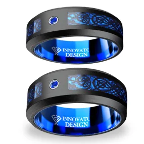 His & Her 6mm/8mm Black Tungsten Dragon Blue Inlay with Cubic Zirconia Wedding Bands