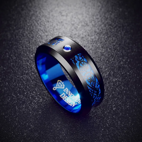 His & Her 6mm/8mm Black Tungsten Dragon Blue Inlay with Cubic Zirconia Wedding Bands