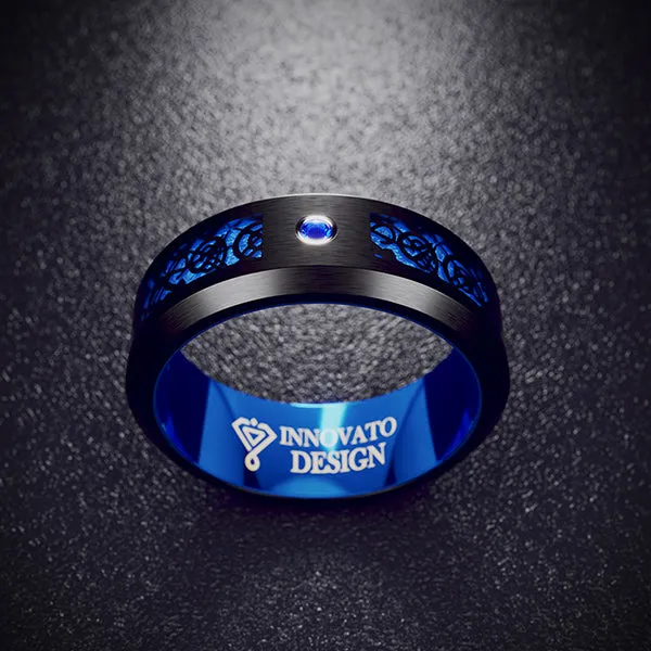 His & Her 6mm/8mm Black Tungsten Dragon Blue Inlay with Cubic Zirconia Wedding Bands