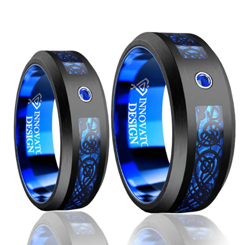 His & Her 6mm/8mm Black Tungsten Dragon Blue Inlay with Cubic Zirconia Wedding Bands