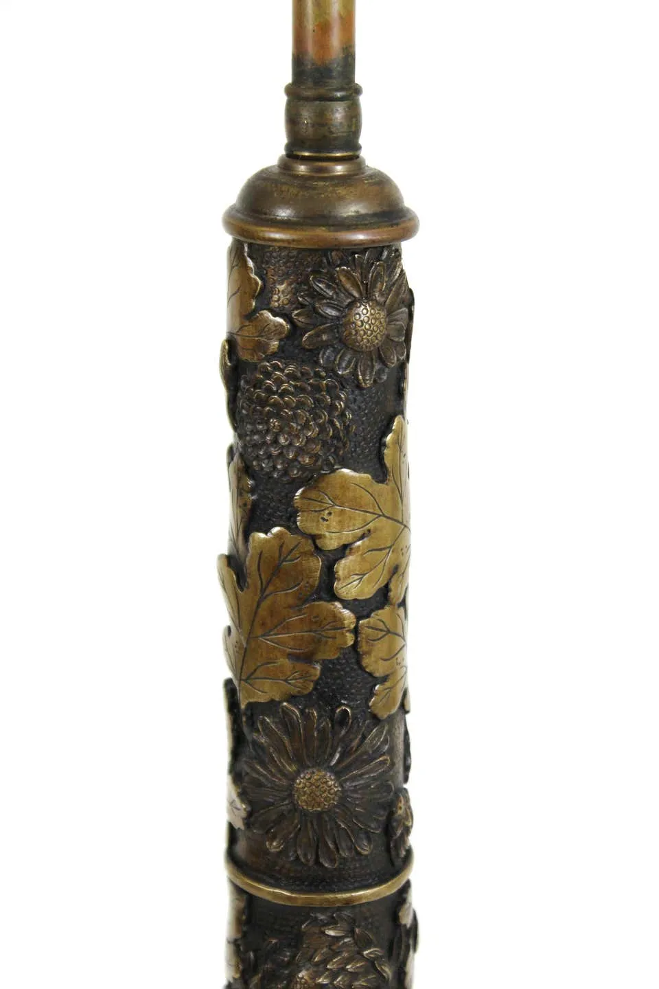 Japanese Taisho Art Nouveau Bronze Table Lamp with Chrysanthemums and Oak Leaves