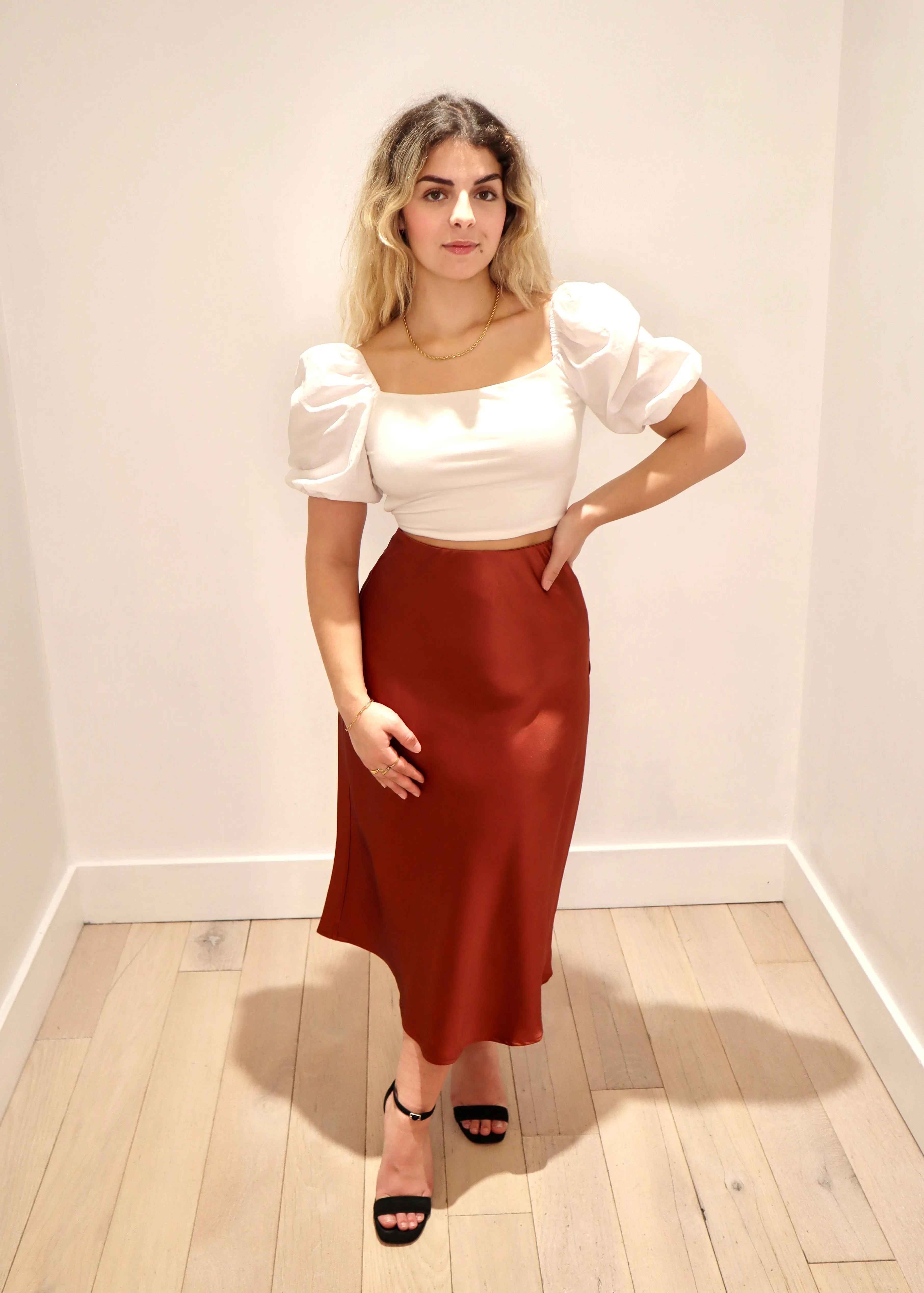 Jenifer satin midi skirt, Rust