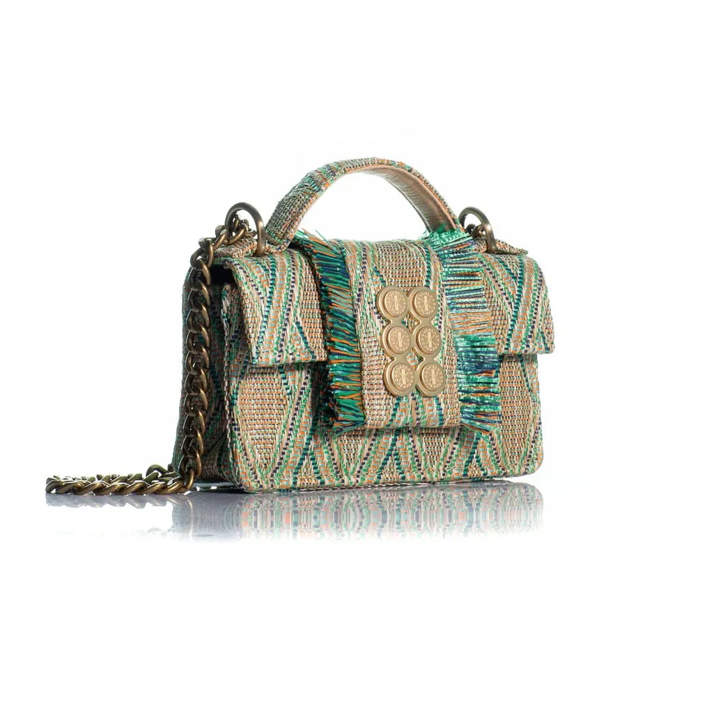 Kooreloo - Fabric Shoulder Bag - Petite Basset Raffia Geometry Green