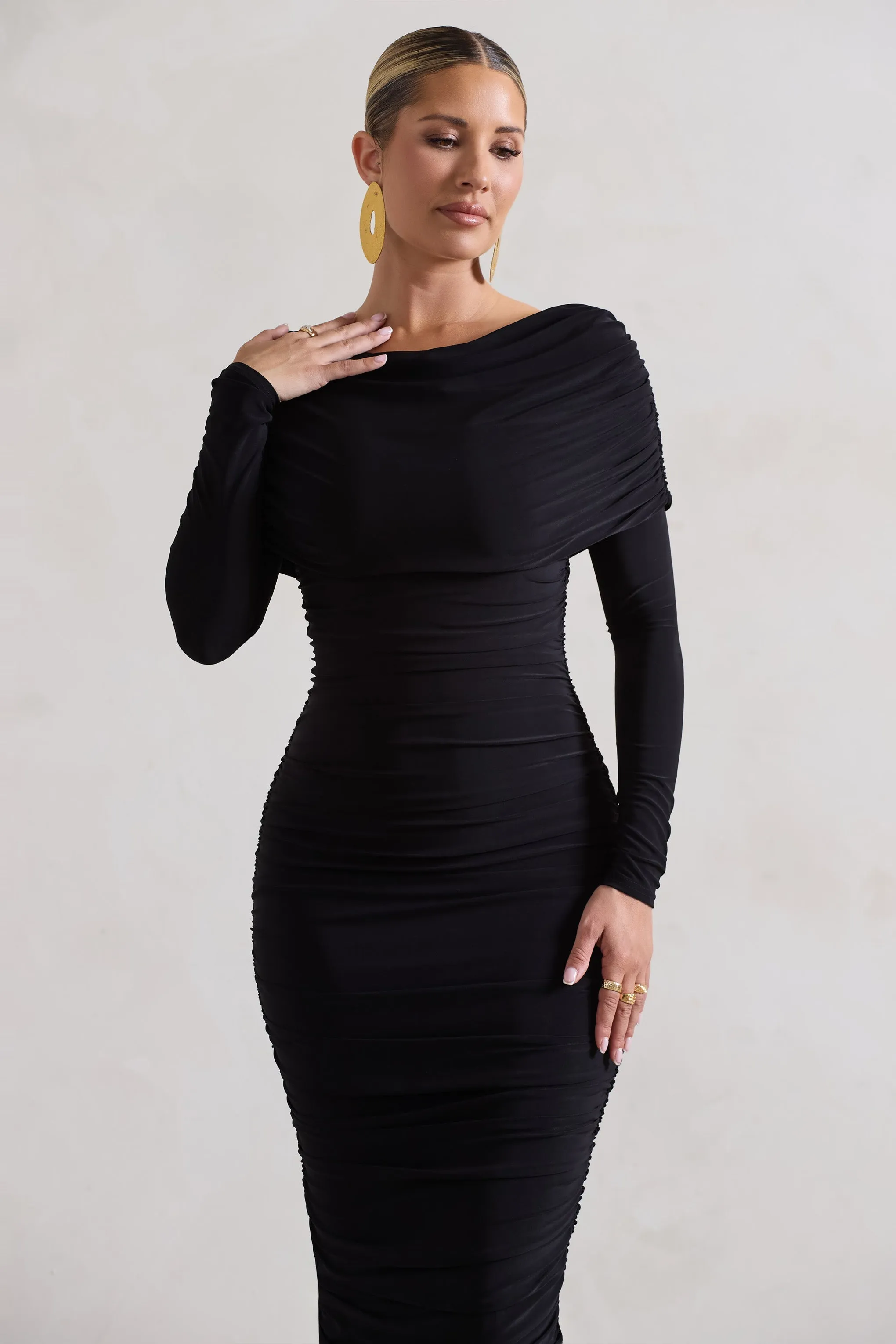 Lea | Black Long Sleeve Ruched Midi Dress with Draped Bardot Overlay