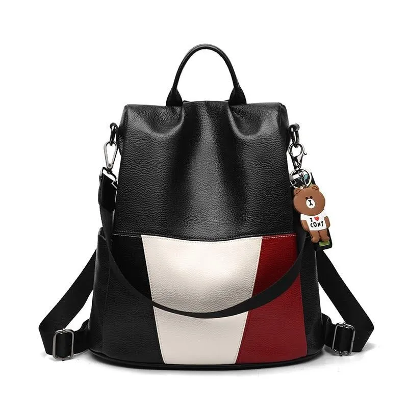 Leather Shoulder Bag, School Bag and Backpack with Bear Tassel