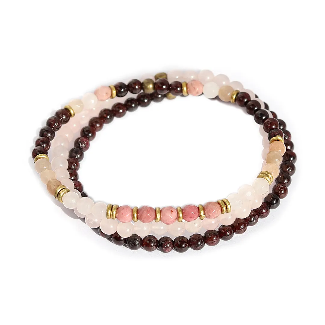 Love and Self Love Garnet and Rose Quartz Delicate Bracelet Stack