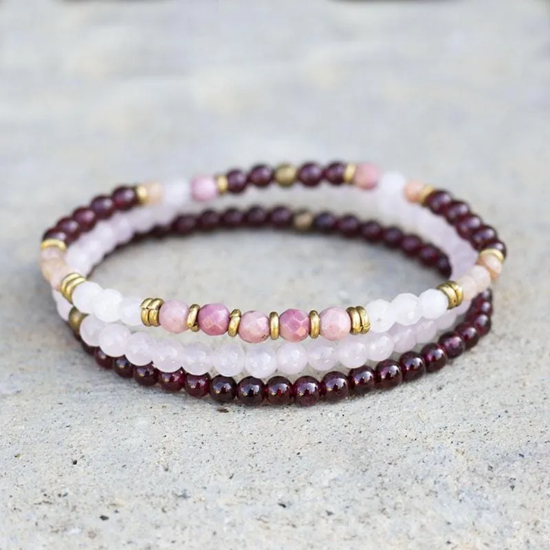 Love and Self Love Garnet and Rose Quartz Delicate Bracelet Stack