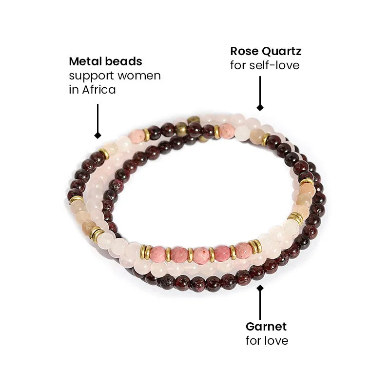 Love and Self Love Garnet and Rose Quartz Delicate Bracelet Stack